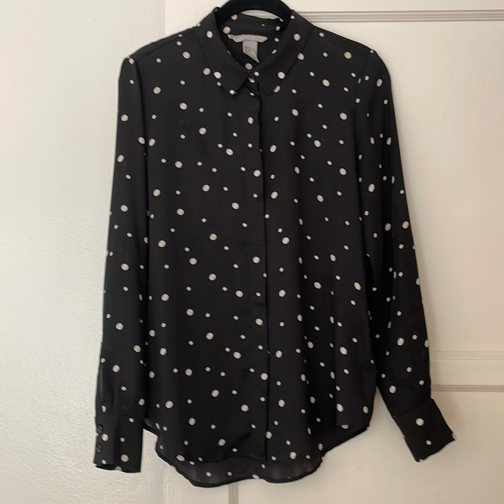 Long sleeve black and white polka dot button down